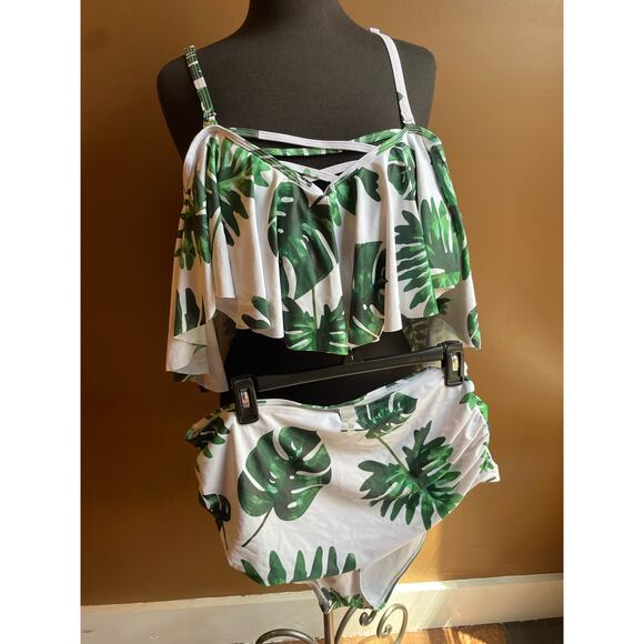 NWOT Women's Plus Size 20W 2 Piece Bathing Swim Suit Tropical Palm Tree - Picture 3 of 7